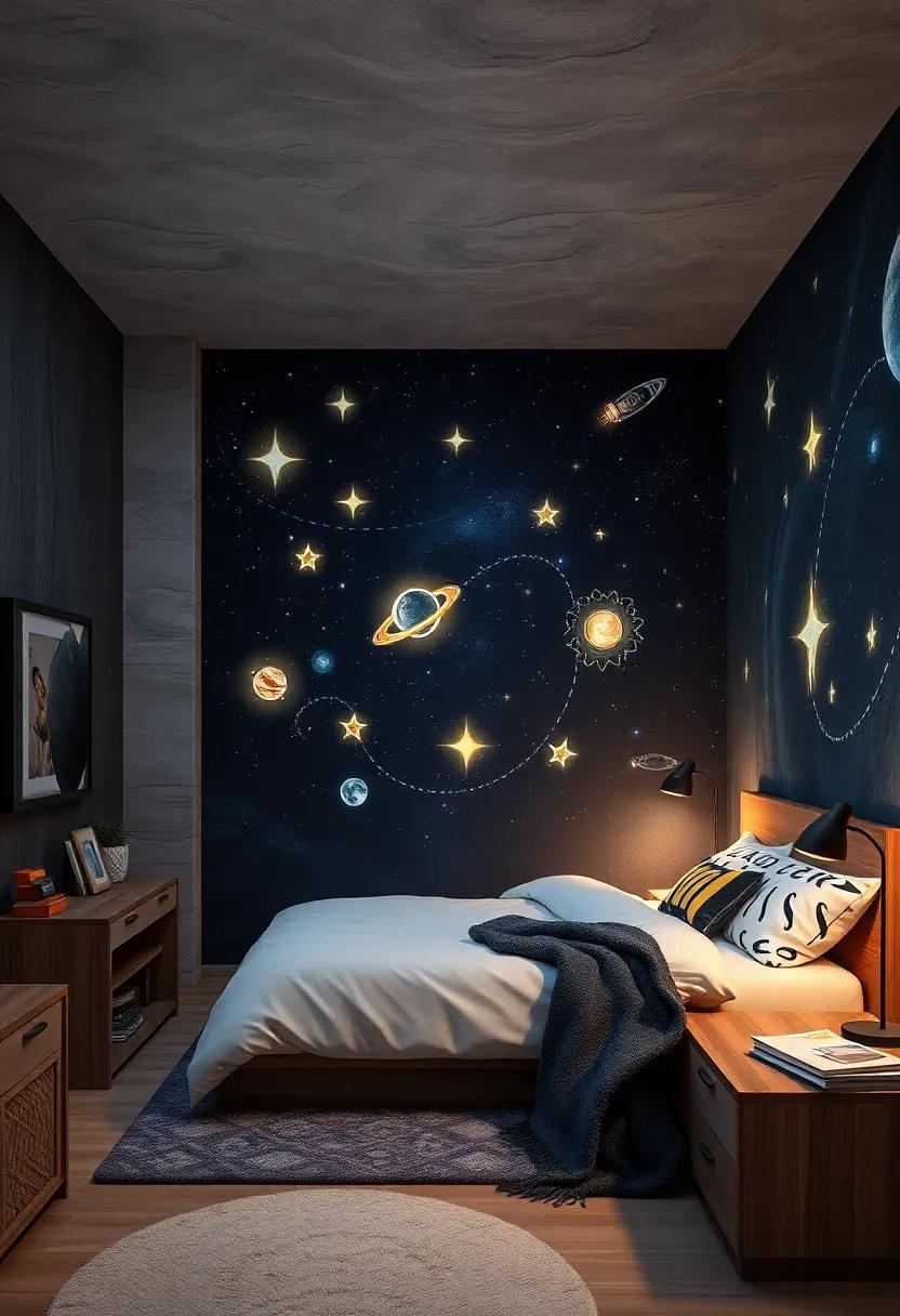 Magical Glowing Star Stickers Creating an Enchanting Night Sky Effect Above the Bed