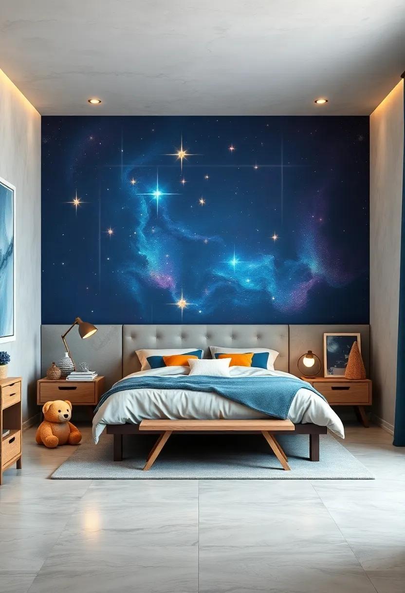 Vibrant Planet-Themed Wall Murals Illuminated by Soft Ambient Lighting in a Boy's Bedroom