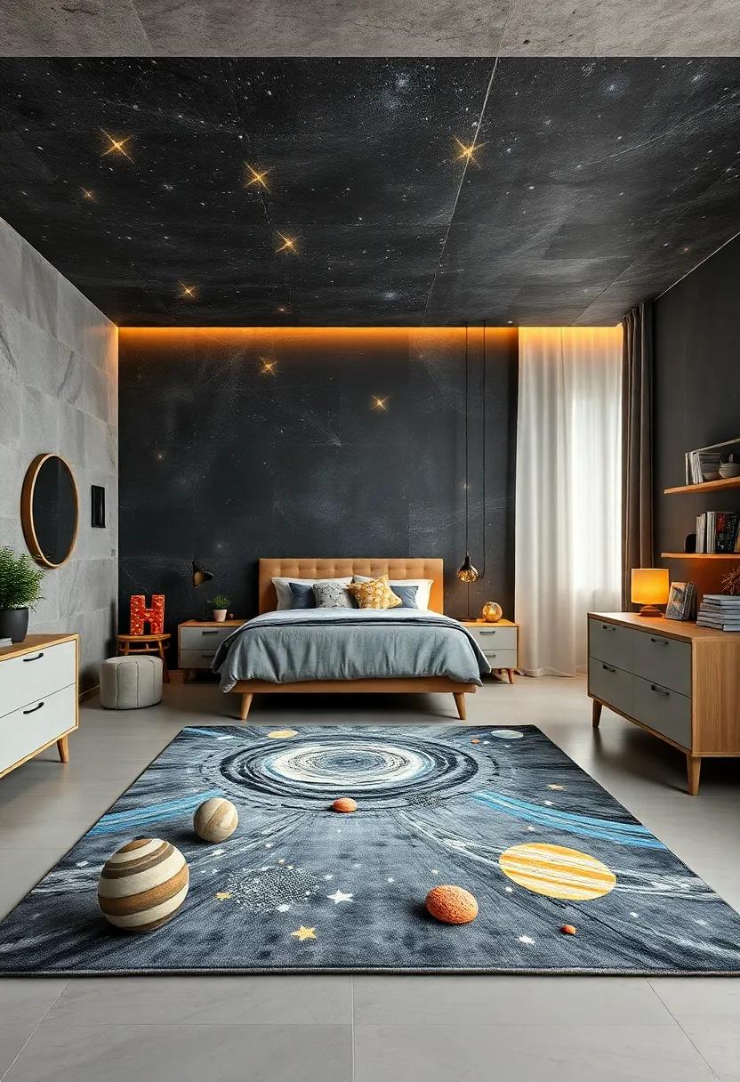 Galactic Themed Rug with Star Clusters and Planets Bringing Outer Space Vibes to Floor Decor