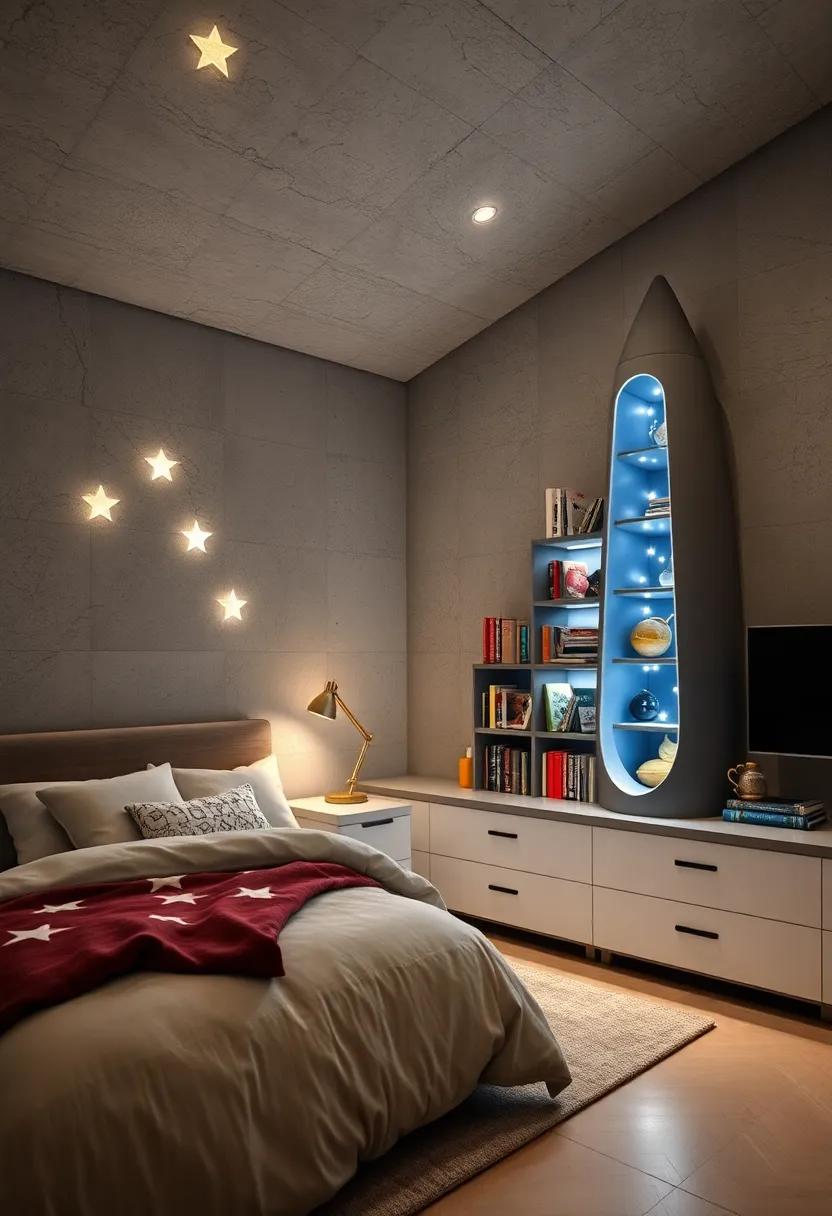 Rocket-Shaped Bookshelf Illuminated by Tiny Lights for Space Story Collection and Night Reads