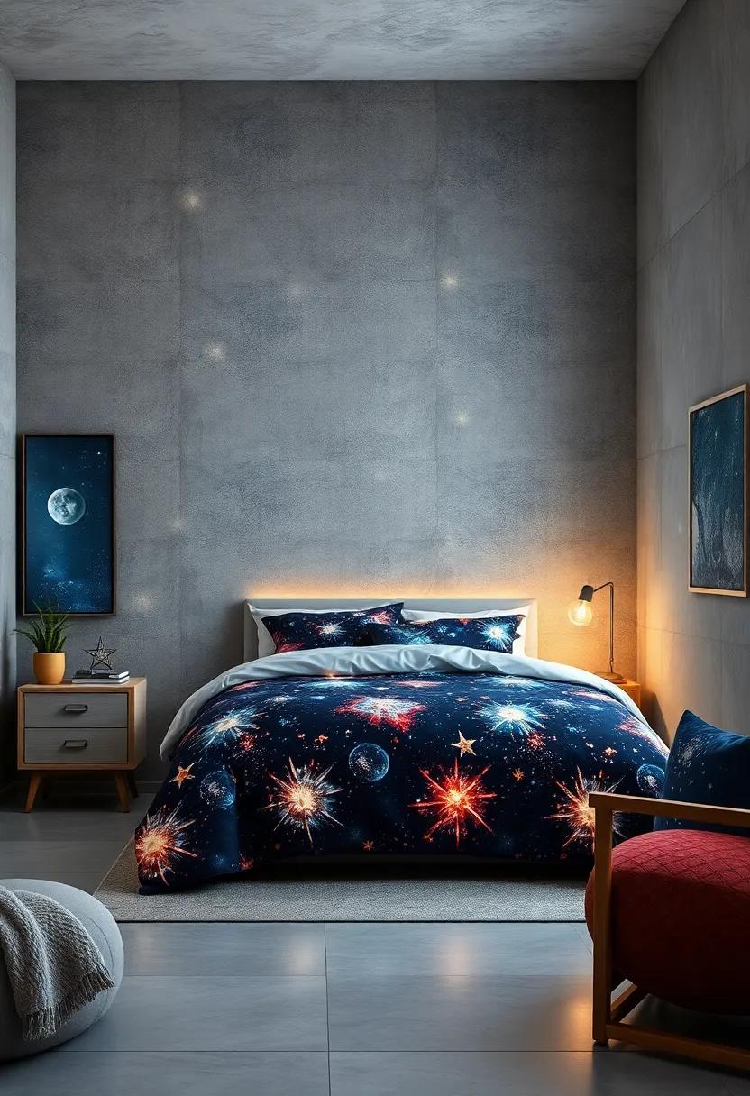 Galaxies and Star Clusters Theme Bedding Set Featuring Metallic Threads That Sparkle Under Lights
