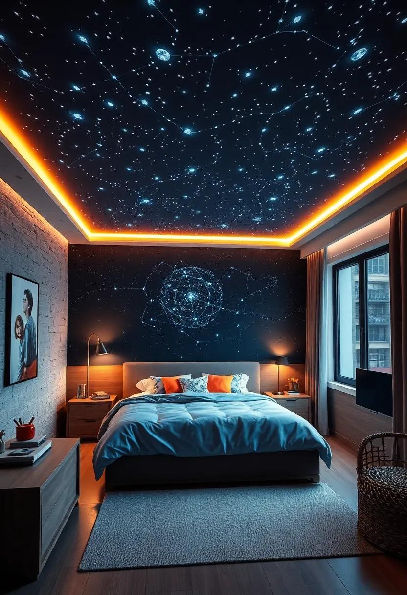 Constellation Projector Casting Realistic Star Patterns Across the Bedroom Walls and Ceiling