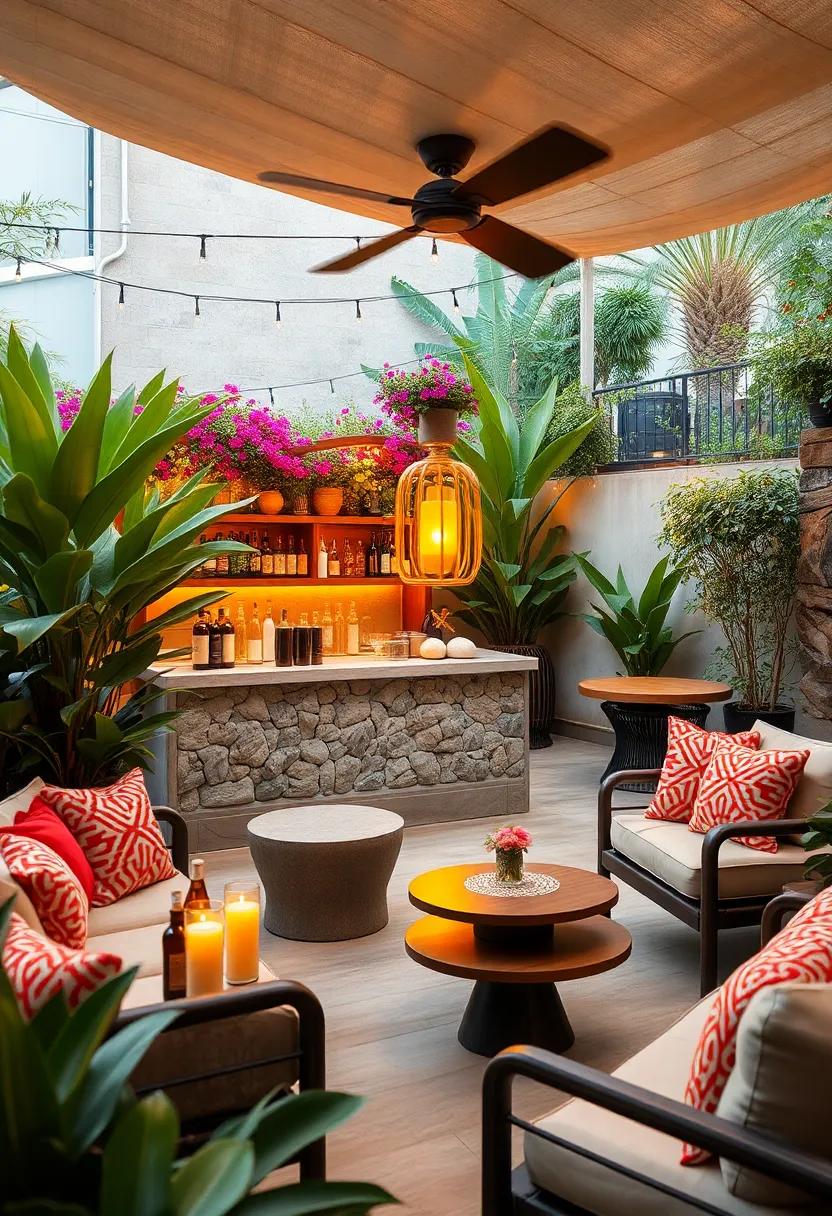 Charming Patio Bars Set Amidst Lush Greenery with Twinkling Fairy Lights and Rustic Wooden Accents