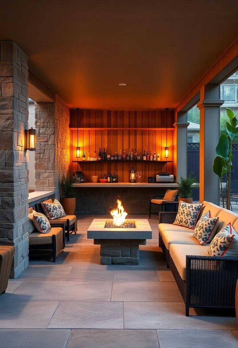 Intimate Patio Bar Nook with Plush Cushions, Fire Pit Lighting, and Warm Wooden Surroundings