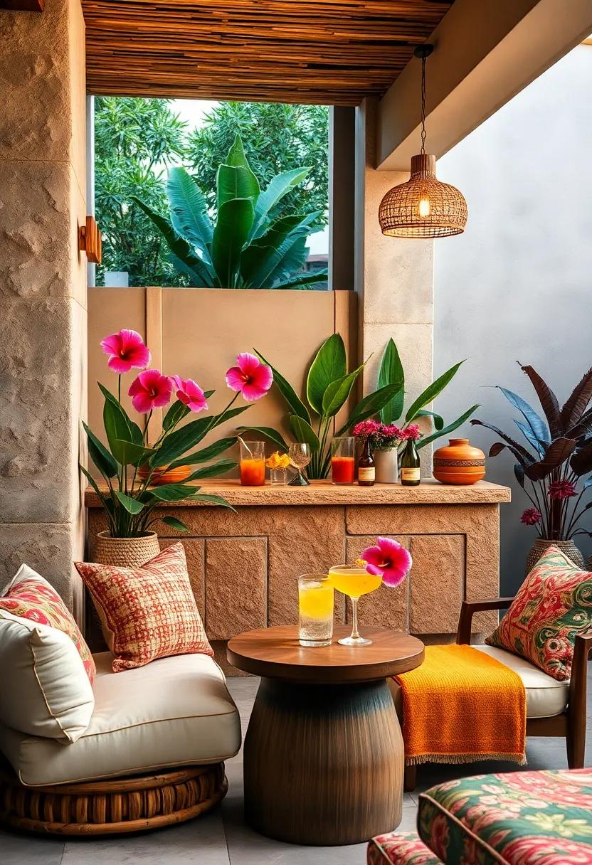 Eclectic Tropical Drink Station Featuring Bamboo Elements, Hibiscus Flowers, and Vibrant Textiles