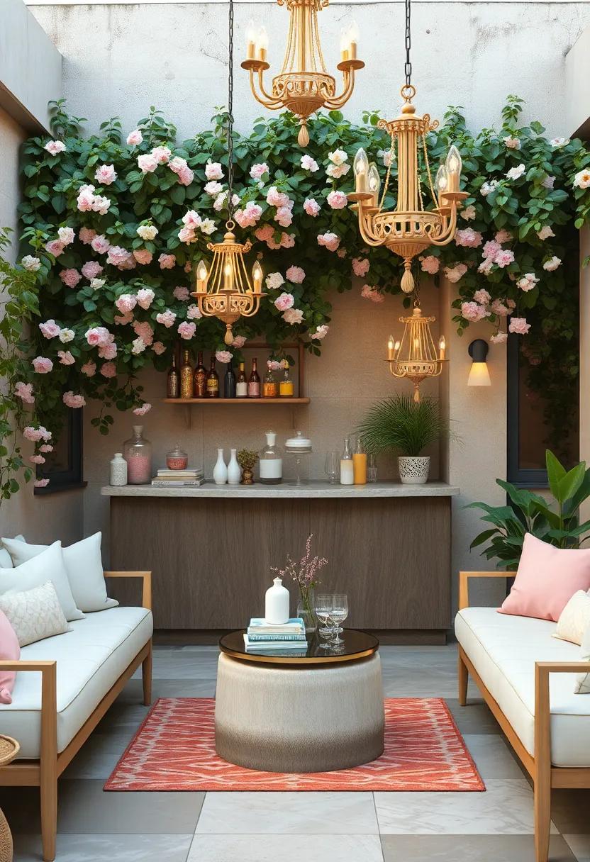 Whimsical Garden Drink Station Surrounded by Flowering Vines and Vintage Chandeliers in Soft Pastels
