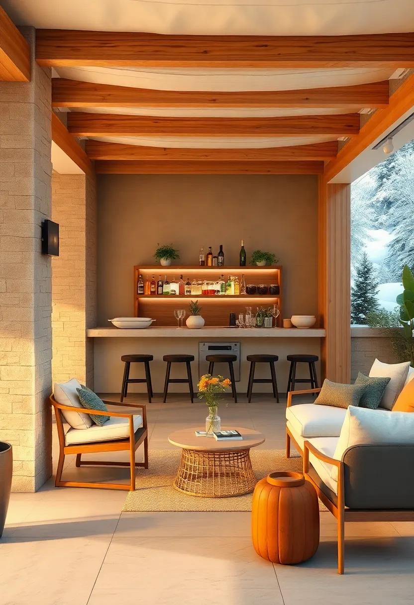 Sophisticated Scandinavian-Inspired Outdoor Bar With Clean Lines, Light Wood, and Snowy Backdrops