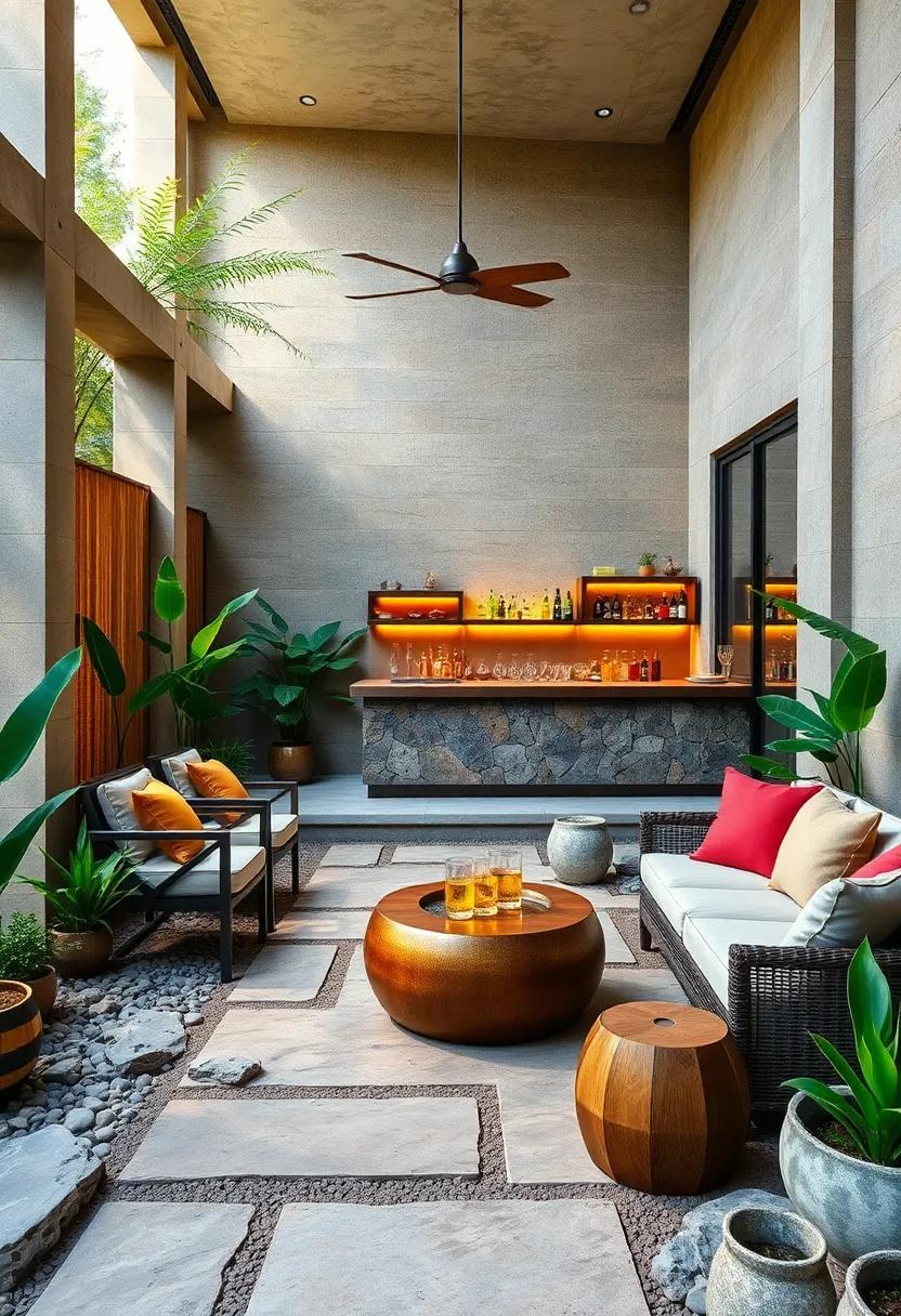 Nature-Inspired Zen Patio Bar Surrounded by Stone Pathways, Bamboo Screens, and Water Features