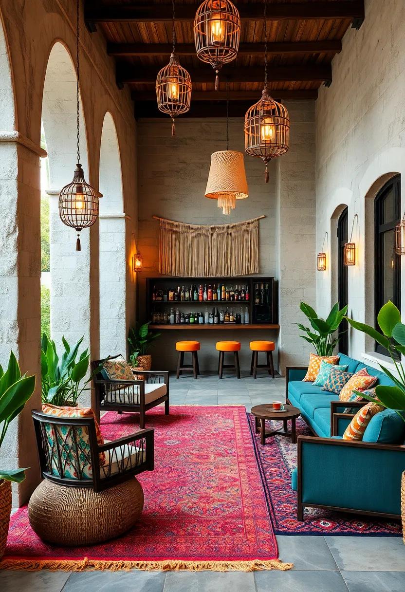 Inviting Bohemian Outdoor Bar Space Adorned with Colorful Rugs, Macrame, and Hanging Lanterns