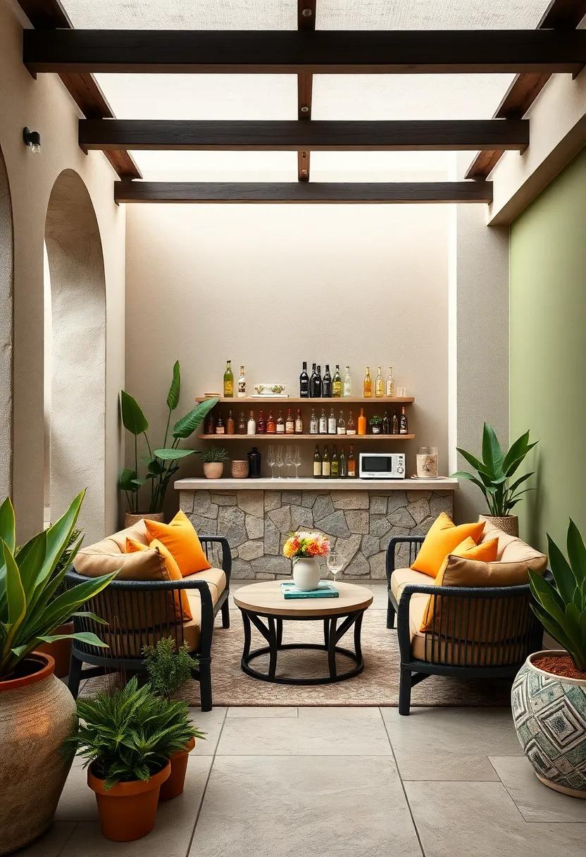 Charming Mediterranean-Style Outdoor Bar Surrounded by Terra Cotta Pots and Olive Green Walls