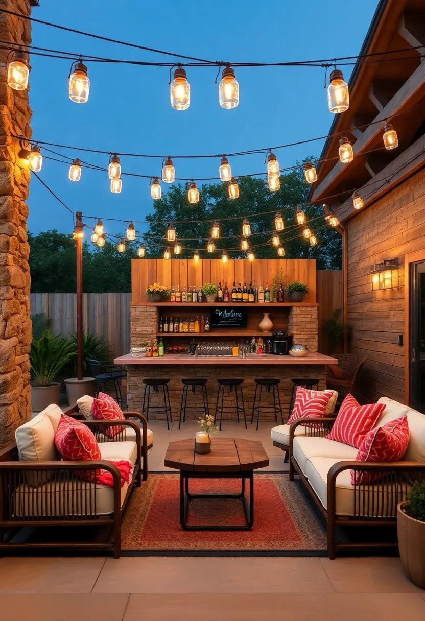 Rustic Country-Style Outdoor Bar Framed by Barn Wood and Mason Jar Lighting Under String Lights
