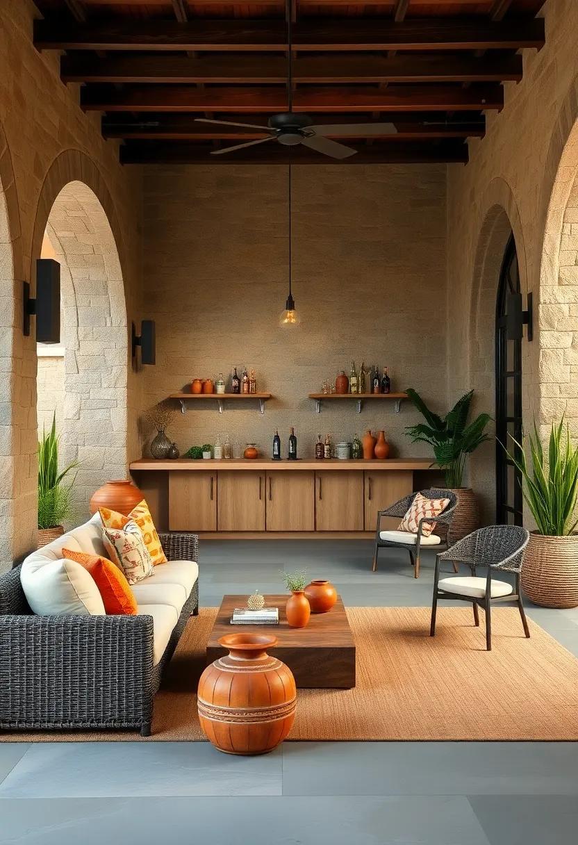 Warm Earthy-Toned Patio Bar Featuring Handmade Pottery and Natural Fiber Rugs for Organic Appeal