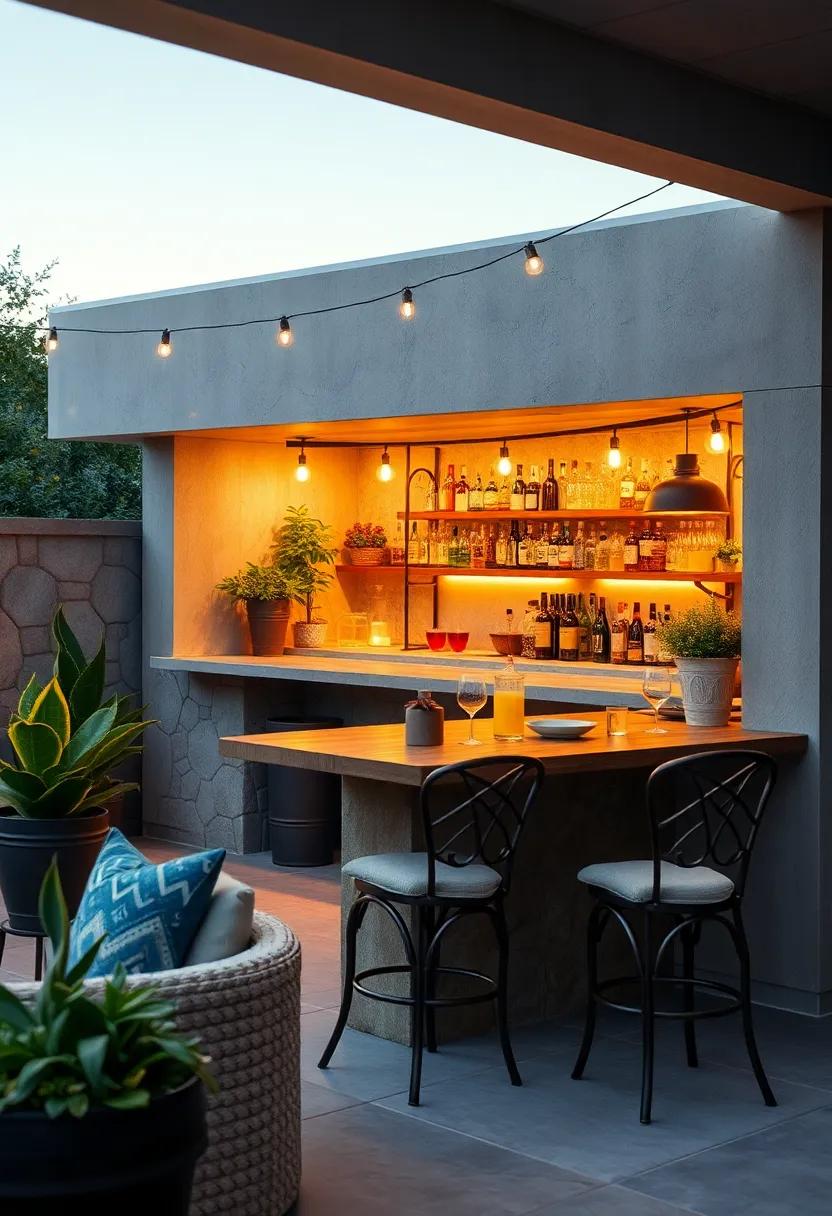 Cozy Vintage-Inspired Patio Bar With Wrought Iron Stools and Soft Amber Lighting for Evening Gatherings