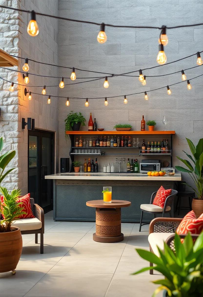 Industrial Chic Patio Bar Made of Reclaimed Metal and Wood, Accented with Edison Bulb Strings