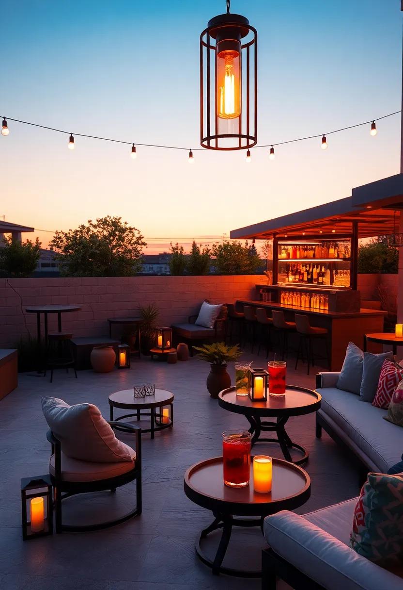 Sunset Glow Patio Bar With Ambient Lanterns and Reflective Surfaces Highlighting Evening Drink Moments