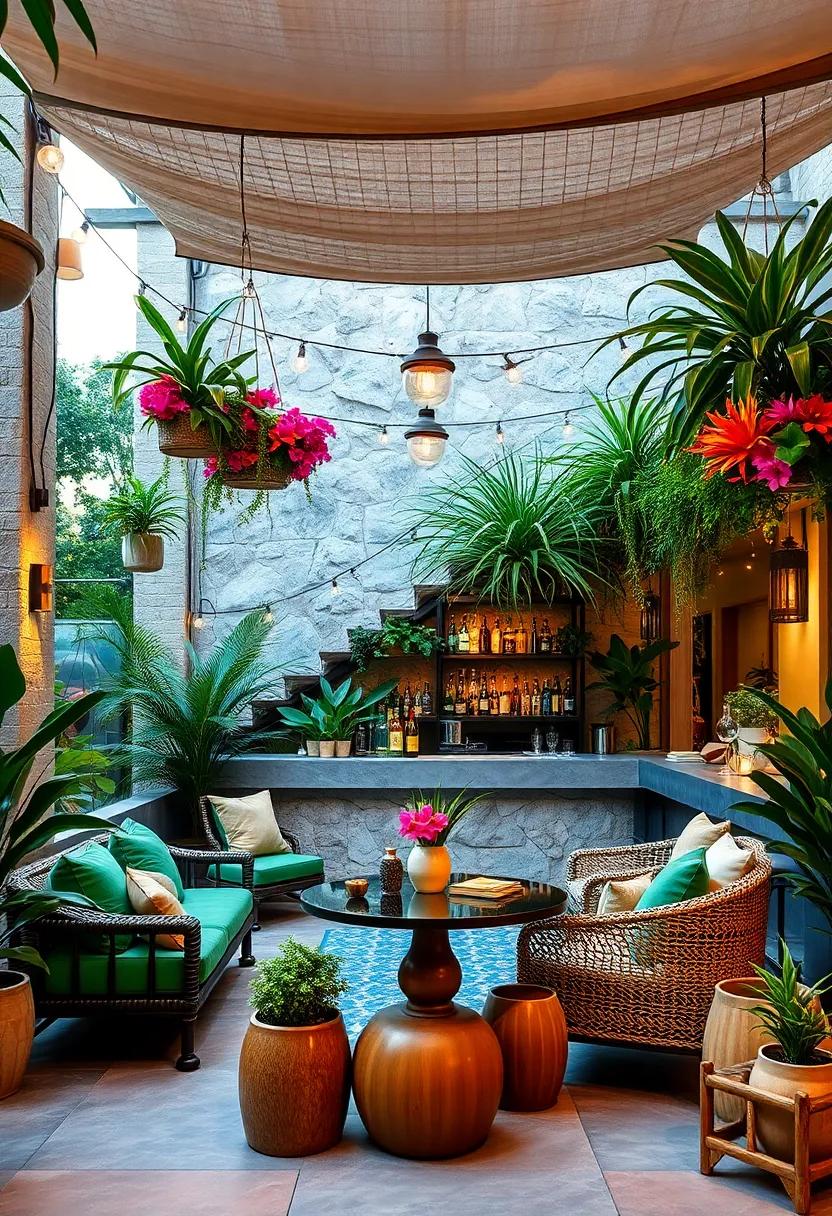Lush Jungle-Themed Patio Bar With Hanging Plants and Exotic Flower Arrangements Creating a Natural Oasis