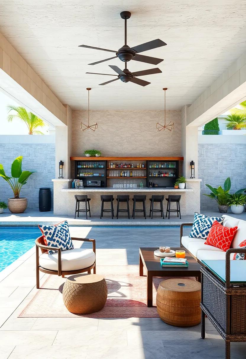 Bright Coastal-Themed Patio Bar Overlooking a Sparkling Pool with Nautical Decorative Elements