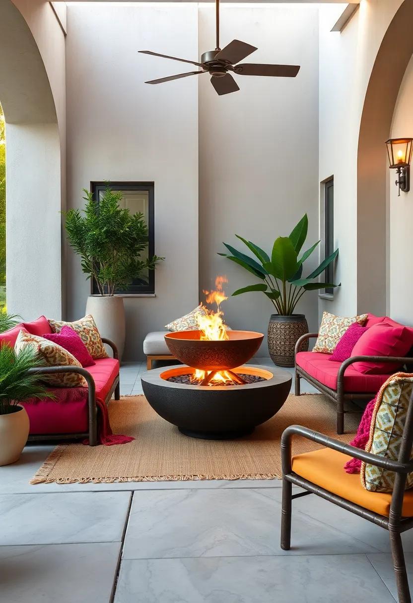 A Bohemian Outdoor Space with Vibrant Cushions and an Ornate Fire Bowl as a Central Ambient Element