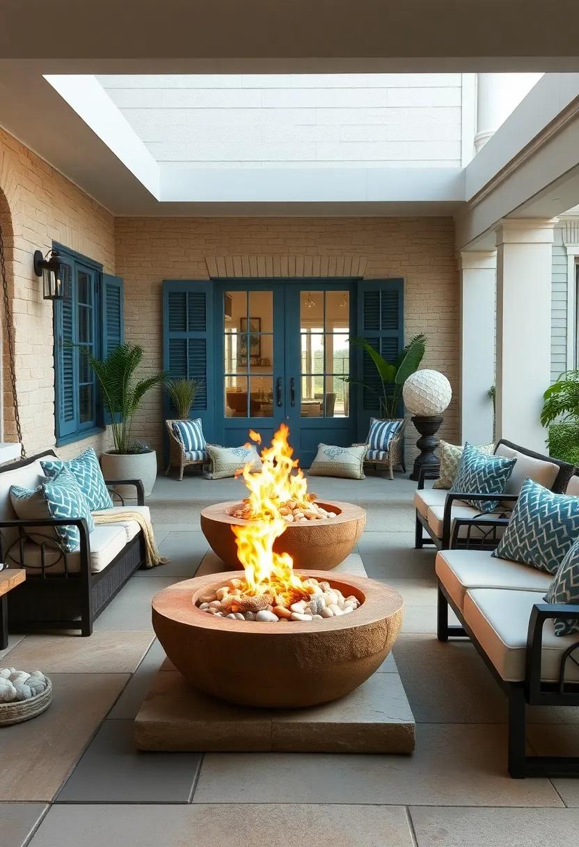 Coastal Cottage Patio Featuring Rustic Fire Bowls Complemented by Nautical Decor and Seashell Accents