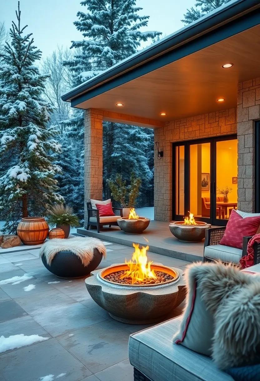A Cozy Winter Outdoor Lounge with Fire Bowls Providing Warmth Amidst Snow-Covered Pines and Fur Throws