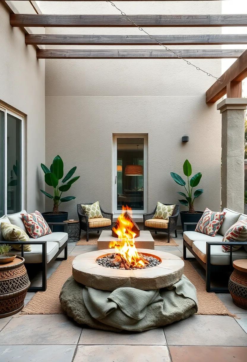 Eclectic Patio Arranged Around a Fire Bowl with Mixed Textures of Wood, Metal, and Plush Fabrics