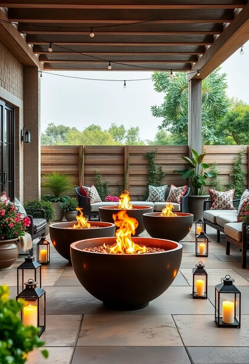 Enchanting Garden Patio Featuring Fire Bowls Encircled by Flowering Plants and Vintage Lanterns