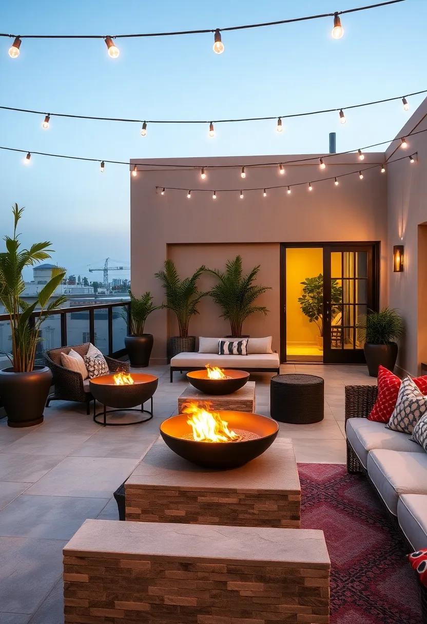 Evening Elegance on a Rooftop Patio Displaying Glass Fire Bowls and Soft String Lighting Above
