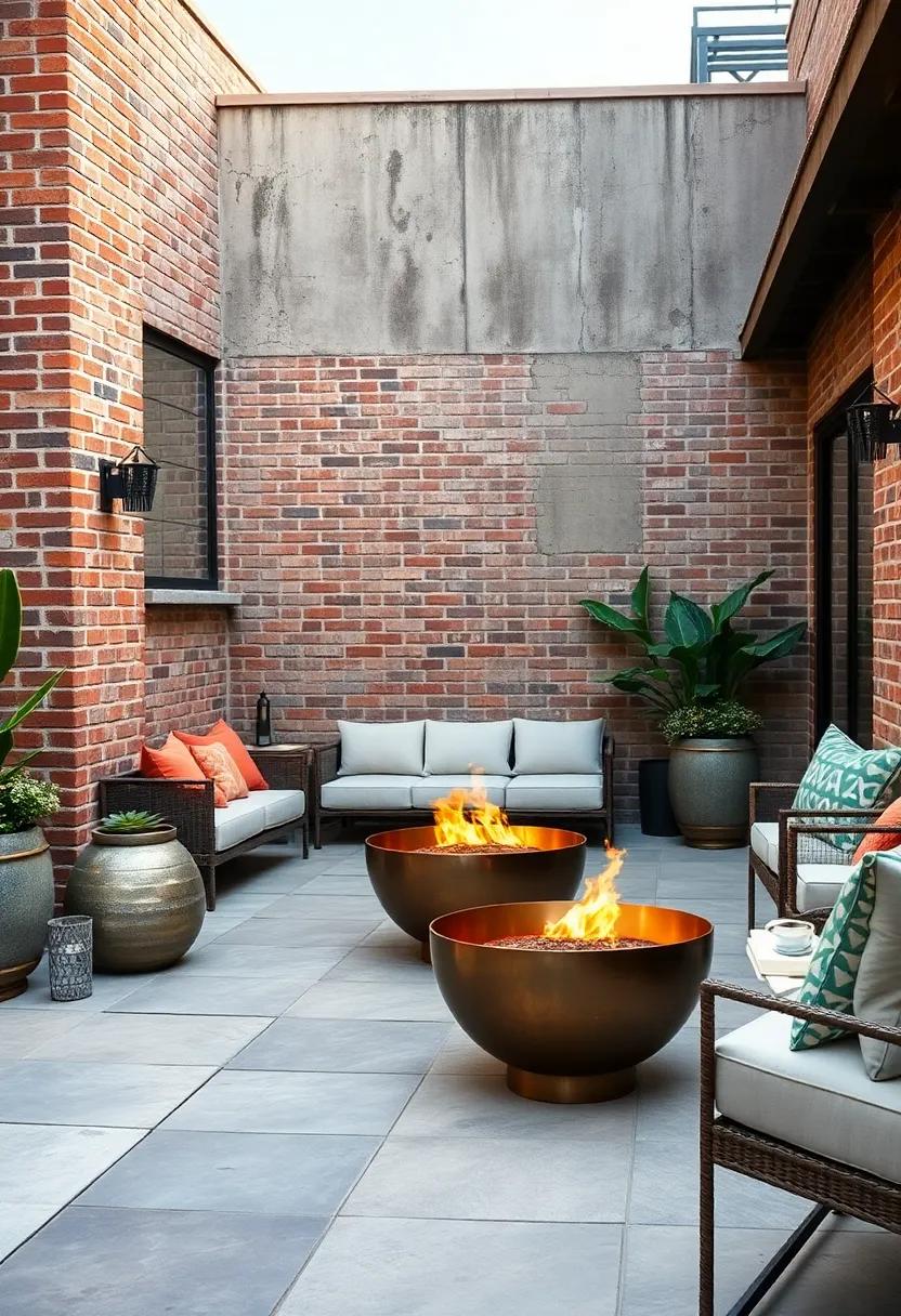 Industrial Chic Patio with Metallic Fire Bowls Contrasted Against Exposed Brick Walls and Urban Elements