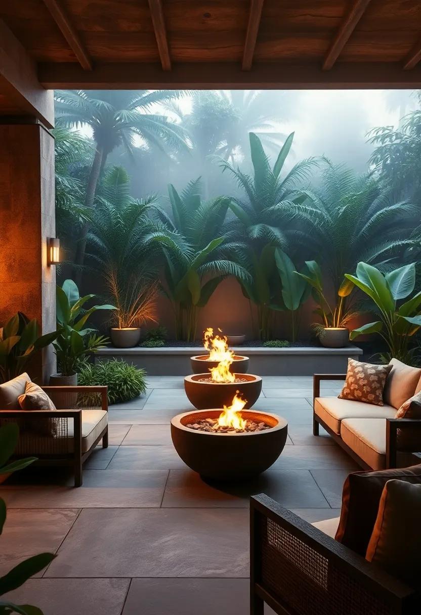 Lush Rainforest-Themed Patio Highlighting Fire Bowls with Misty Backgrounds of Dense Tropical Foliage