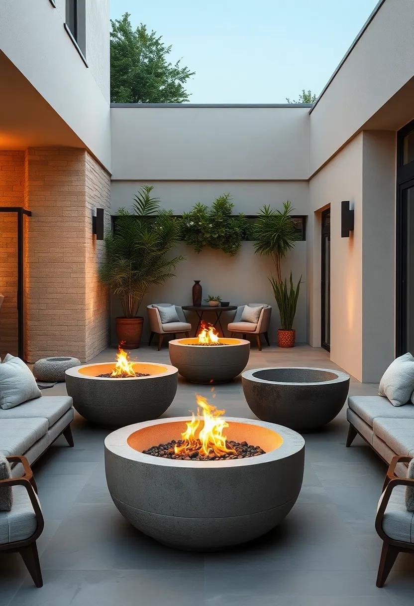Modern Minimalist Patio Scene Highlighting Sleek Concrete Fire Bowls Surrounded by Simple Geometric Seating