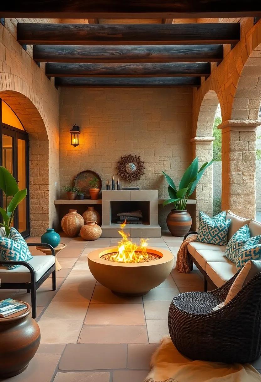 Natural Stone Patio Scene Where a Fire Bowl Ignites Warmth Among Earthy Tones and Handcrafted Pottery
