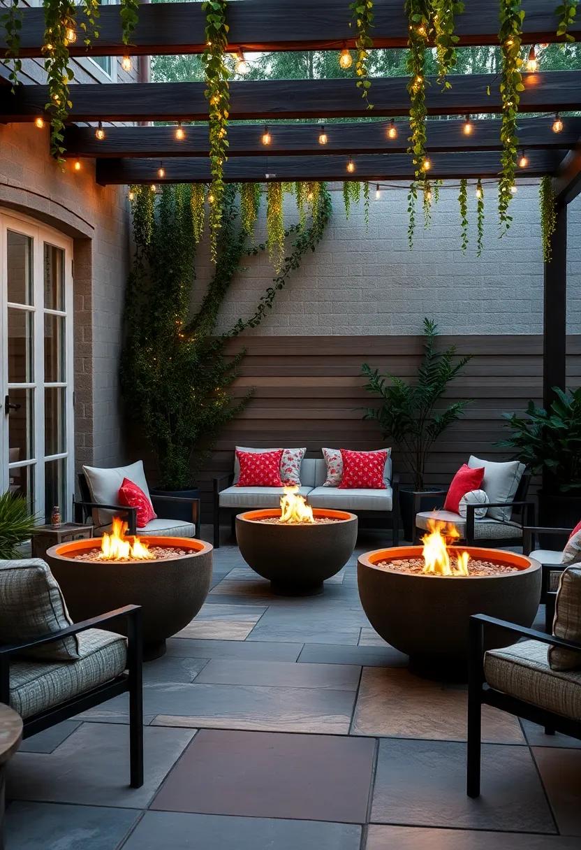 Romantic Patio Setup with Fire Bowls Flanked by Delicate Fairy Lights and Cascading Ivy
