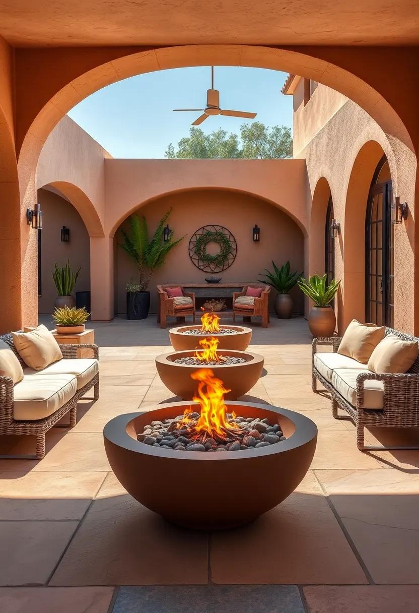 Sun-Dappled Clay Patio Featuring Earth-Toned Fire Bowls With Surrounding Arches and Potted Succulents