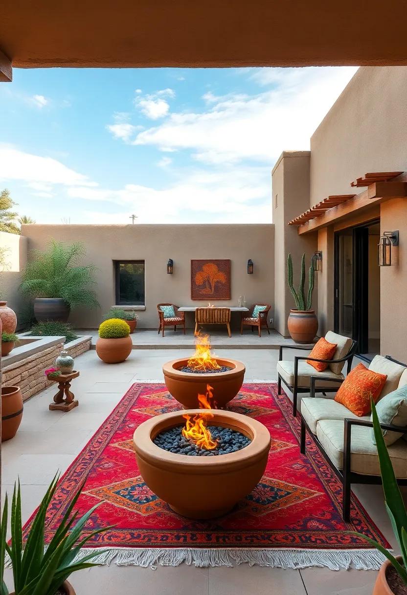 Traditional Southwestern Patio Embellished with Terra Cotta Fire Bowls and Vibrant Rugs Under Open Sky