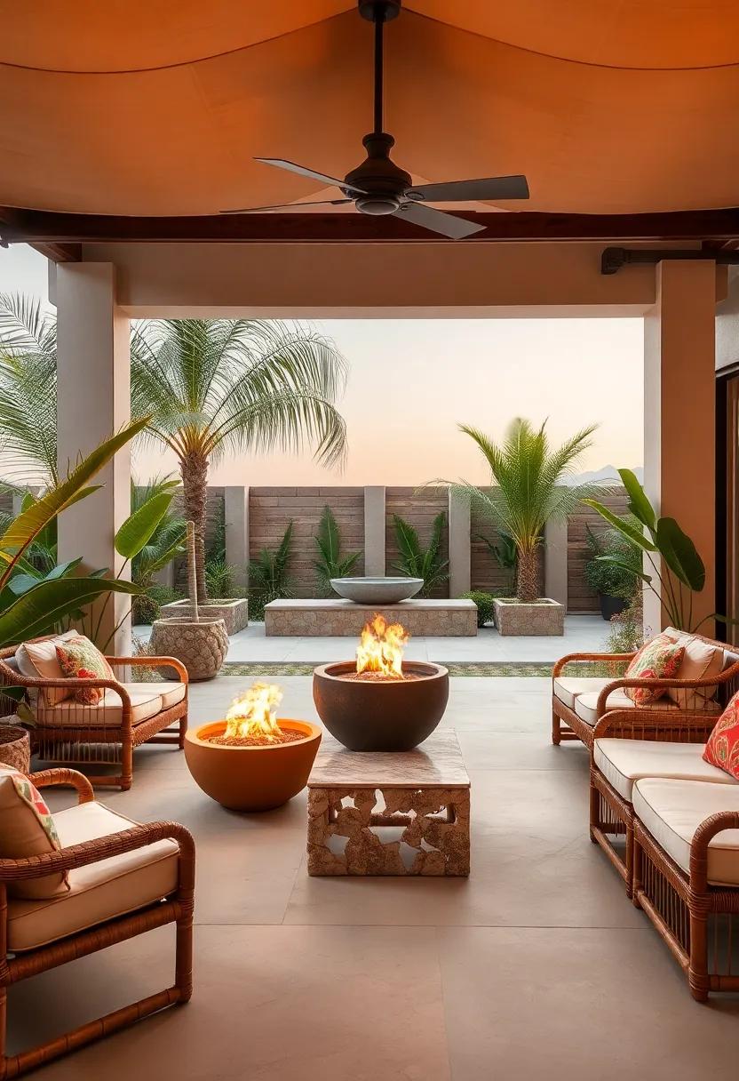 Tropical Escape Patio Design Showcasing Fire Bowls Surrounded by Palm Trees and Bamboo Furniture