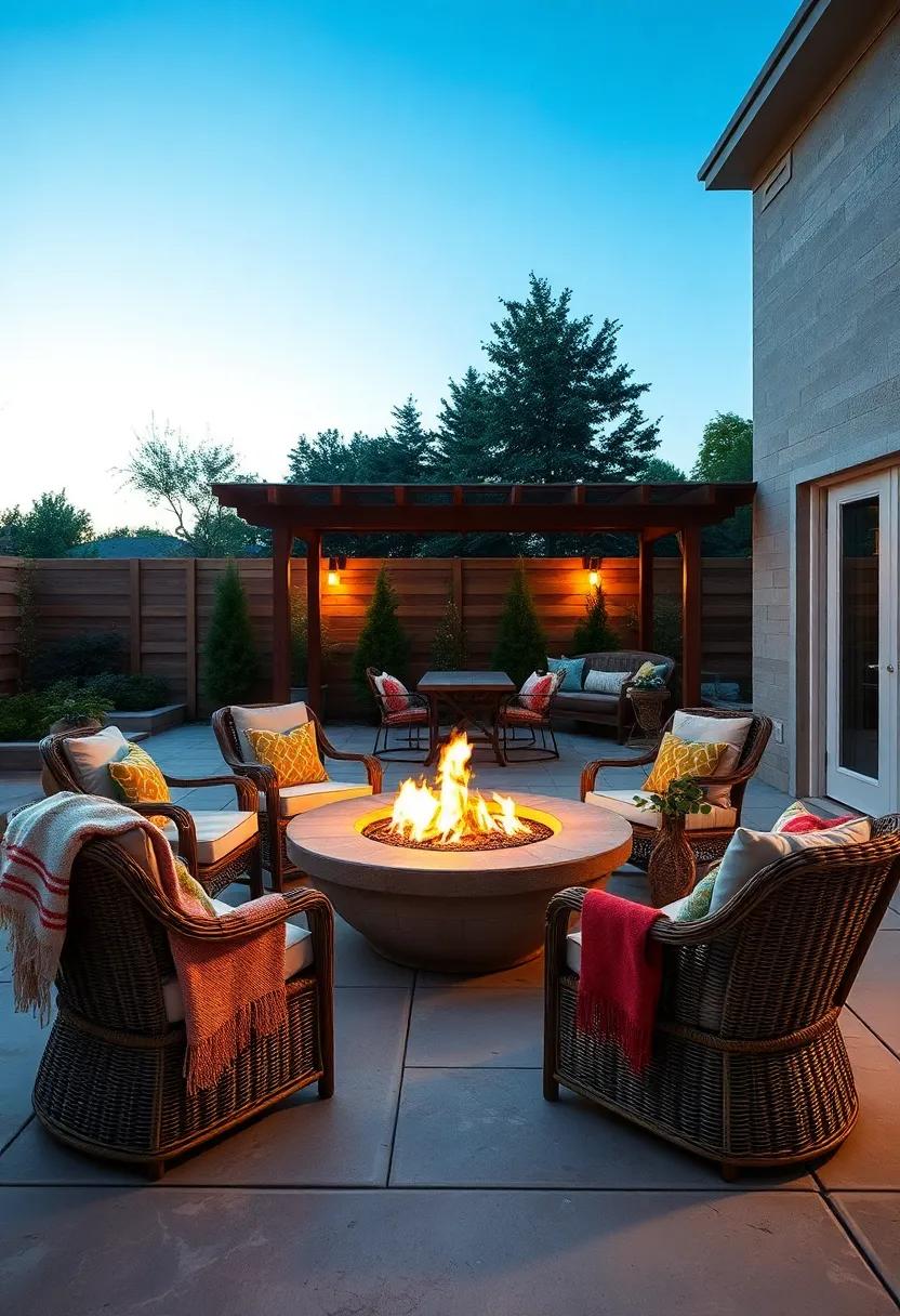 Twilight Gathering Around a Large Stone Fire Bowl with Cozy Blankets Draped Over Wicker Chairs