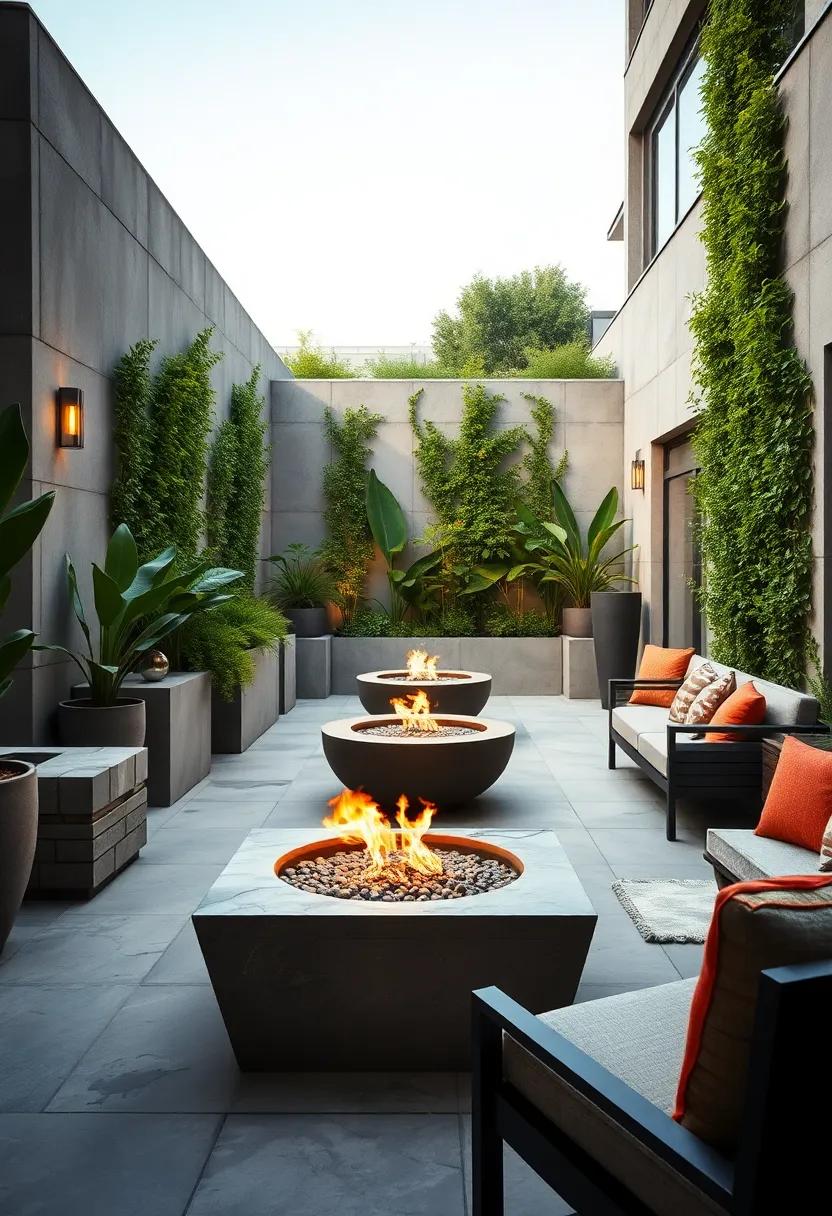 Urban Garden Oasis with Fire Bowls Nestled Amid Concrete Planters and Vertical Green Walls