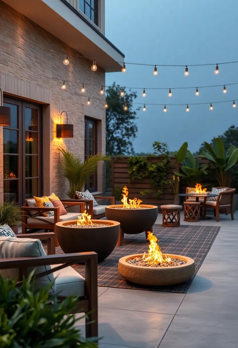 Warm Glows and Flickering Flames Casting Soft Shadows Over Rustic Wooden Patio Furniture and Lush Greenery