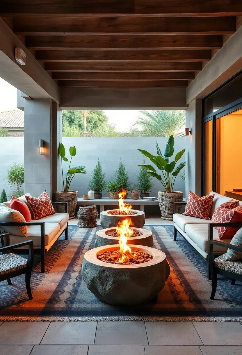 Warmth and Comfort Around a Fire Bowl Amidst Outdoor Rugs and Pillows Creating an Inviting Patio Nook