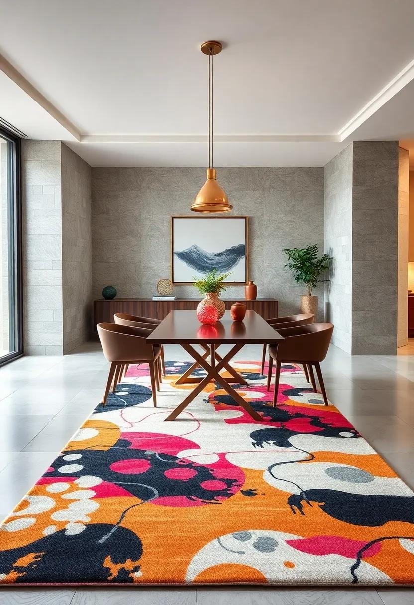 Dynamic Abstract Patterned Rugs Adding Artistic Flair and Visual Interest Beneath Modern Dining Tables