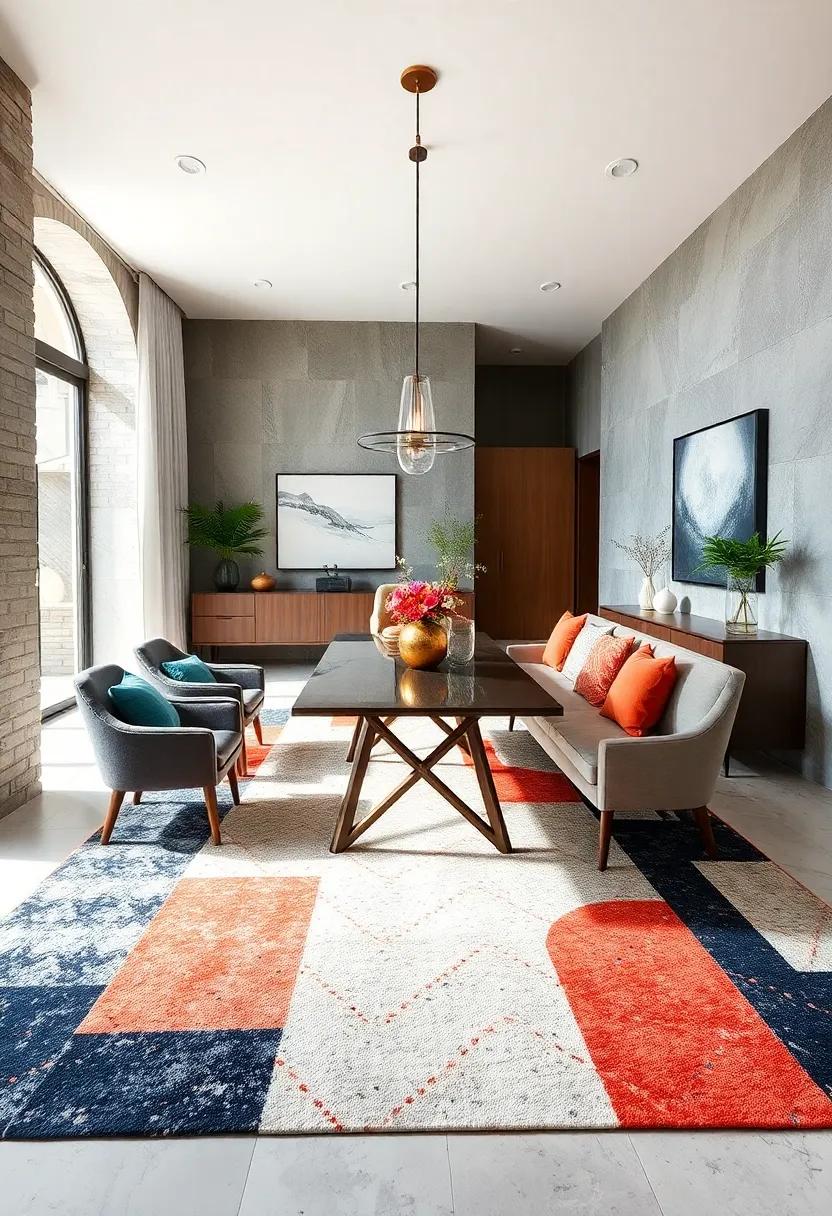 Color Blocking in Patterned Rugs Introducing Bold Contrasts That Energize and Modernize Dining Areas