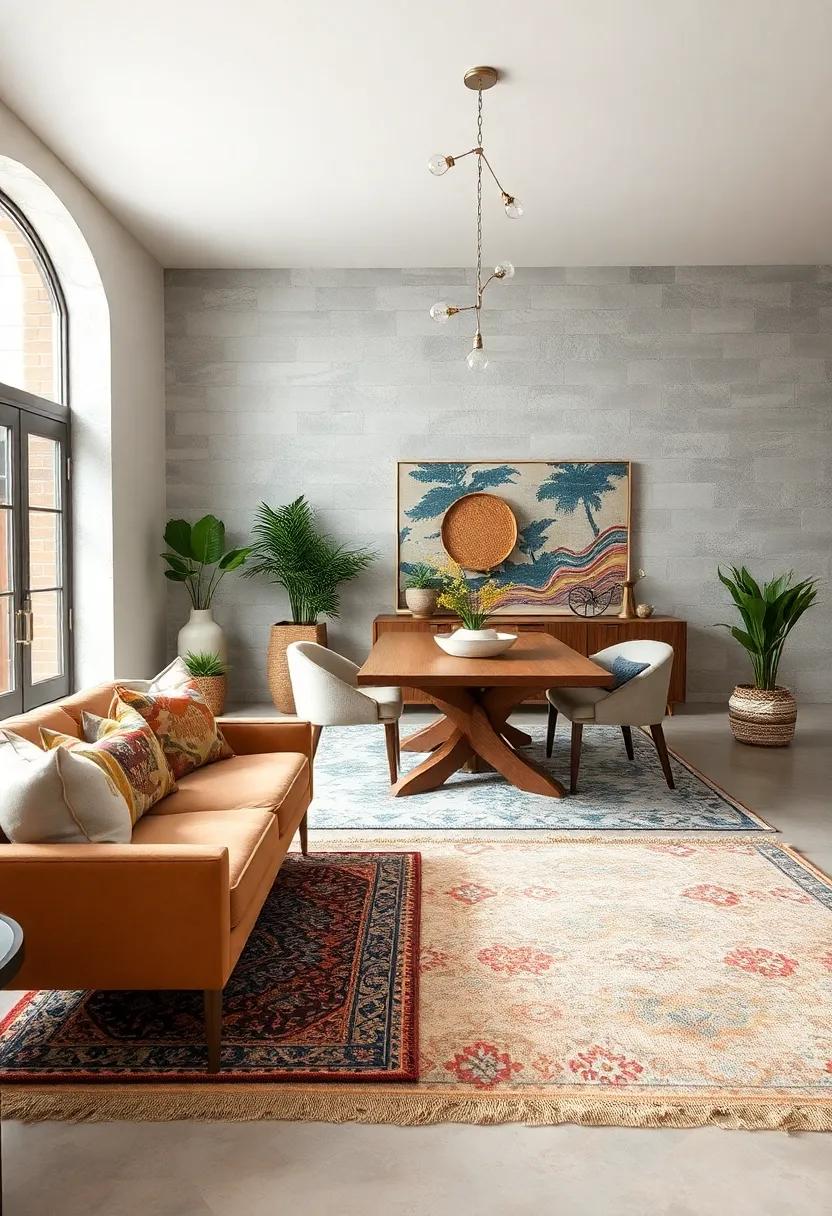Eclectic Mix of Patterned Rugs Layered Together Creating A Boho Chic Dining Area Full of Texture and Color