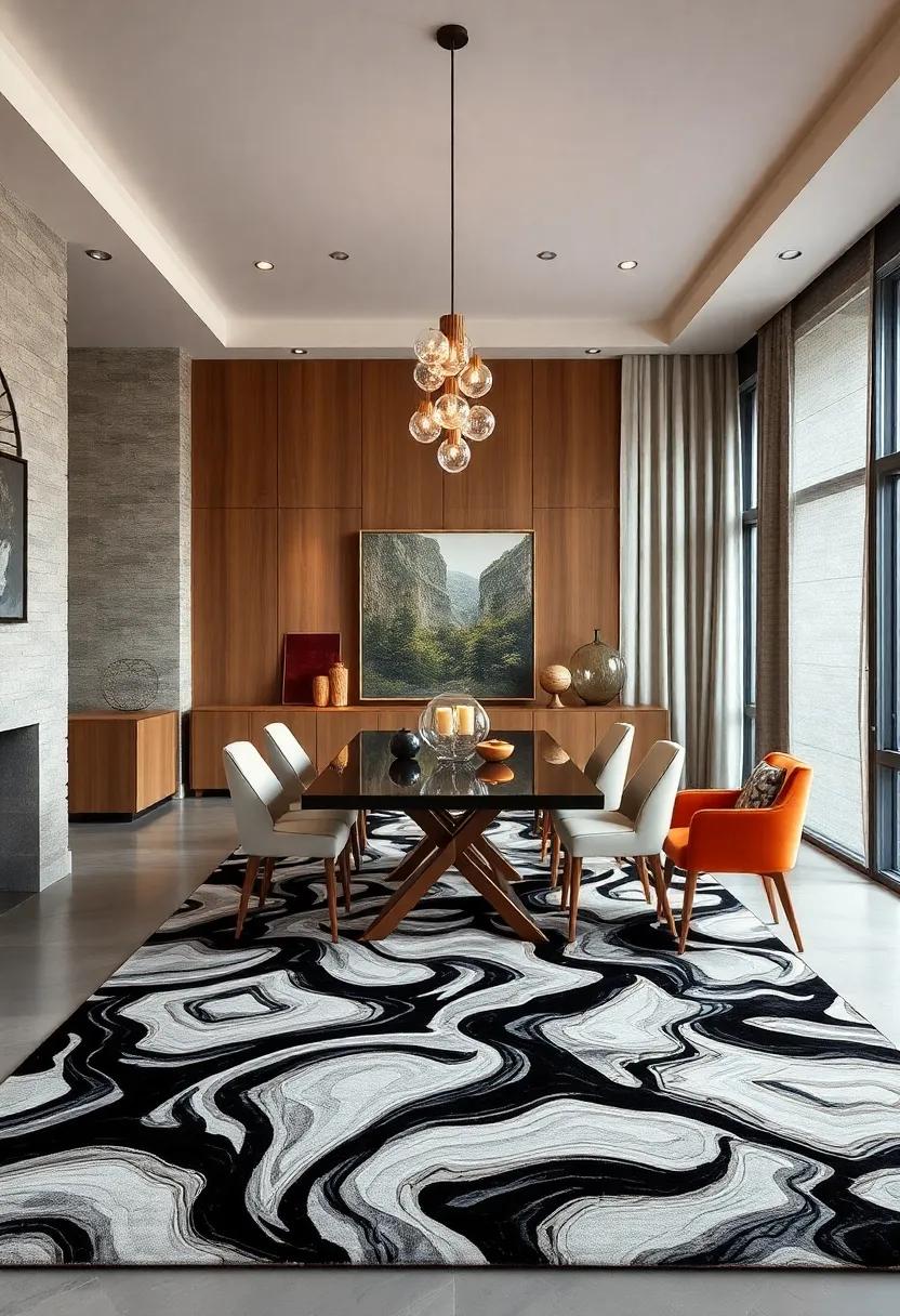 Monochrome Optical Illusion Rugs Creating Bold Visual Statements that Elevate Modern Dining Spaces
