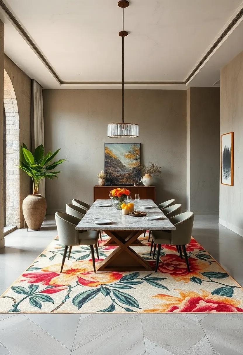The Impact of Large Scale Floral Rugs Dominating the Dining Room Floor with Bold Botanical Statements