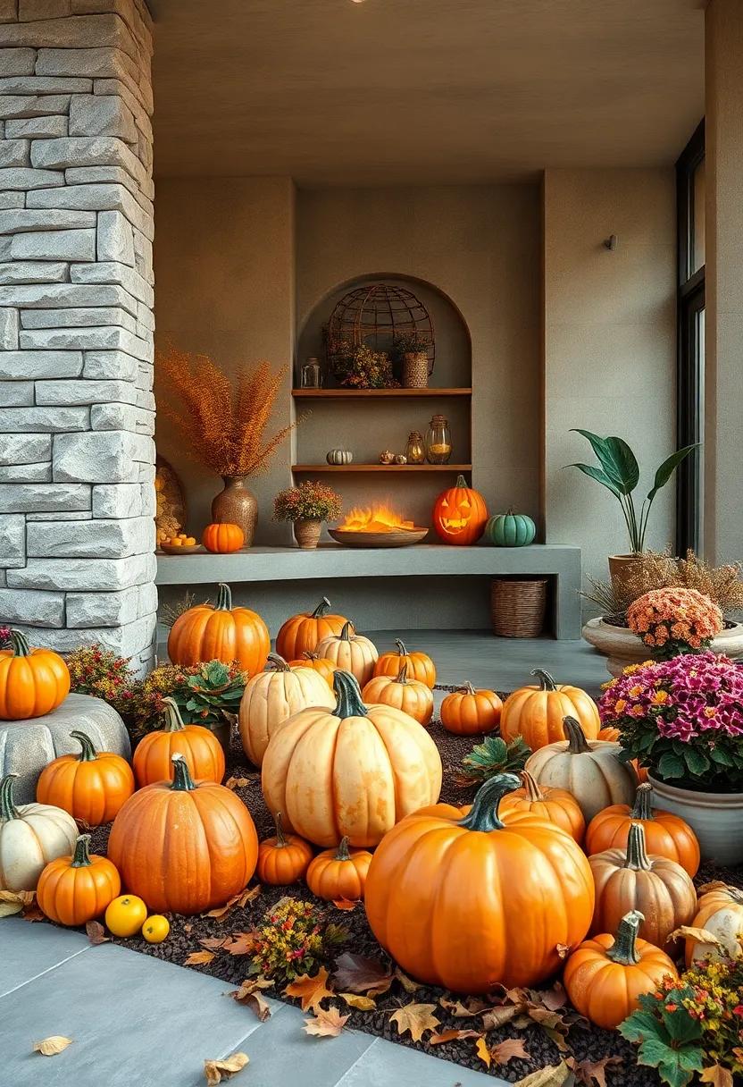 Artistic Pumpkin Carvings That Blend Naturally Into Fallen Leaves and Garden Flowers