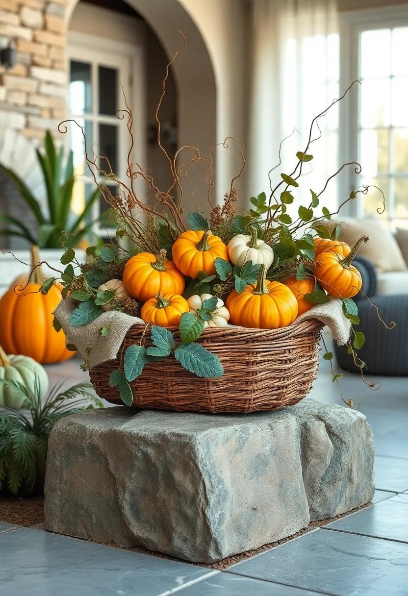 Basket Brimming With Curly Tendrils, Small Pumpkins, and Sage Leaves Resting on Weathered Stone