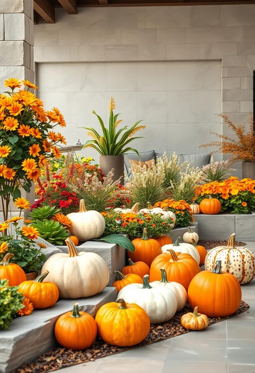 Burst of Autumn Flowers Accentuating Bright Orange, White, and Striped Pumpkins Set Among Garden Beds