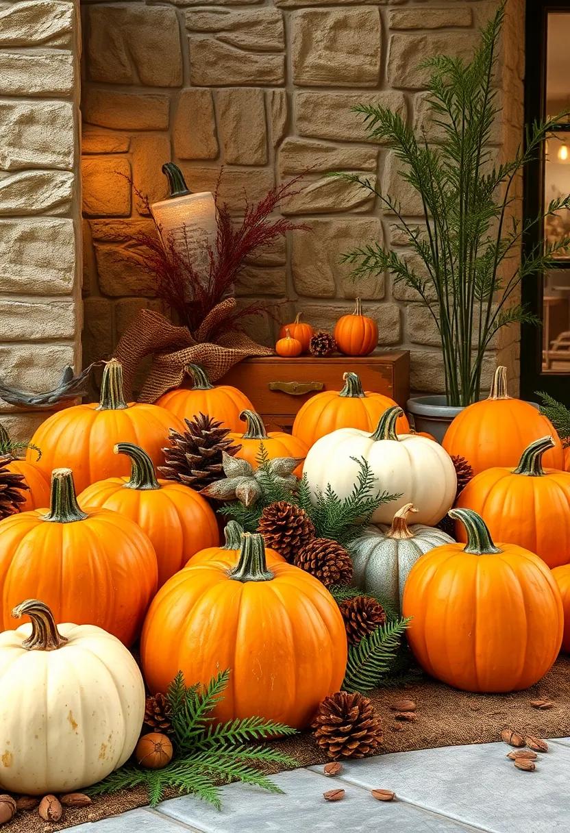 Charming Woodland Pumpkin Scenes With Acorns, Pine Cones, and Fern Fronds Scattered Softly