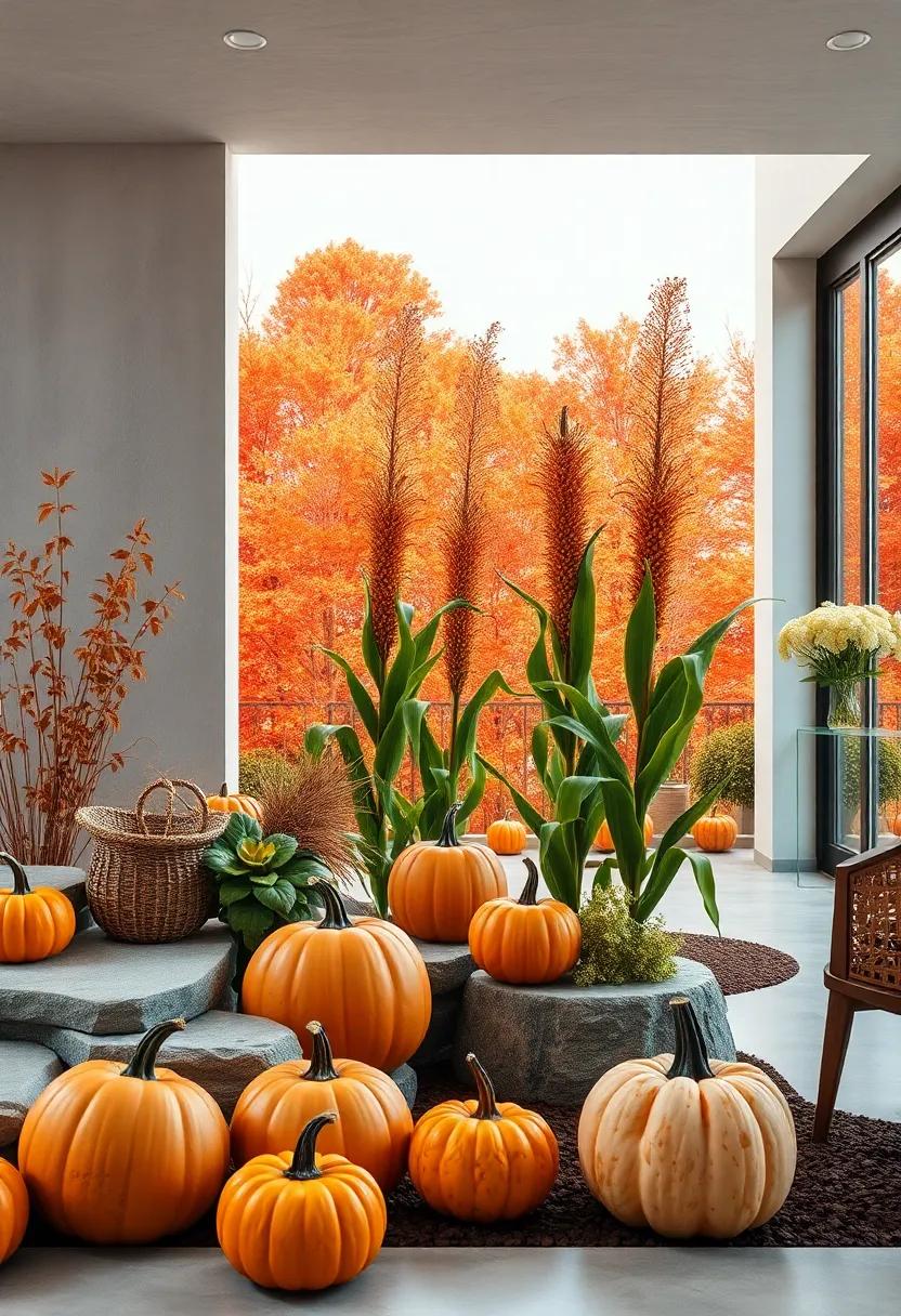 Classic Corn Stalks Standing Tall Against a Backdrop of Vibrant Orange and Red Foliage