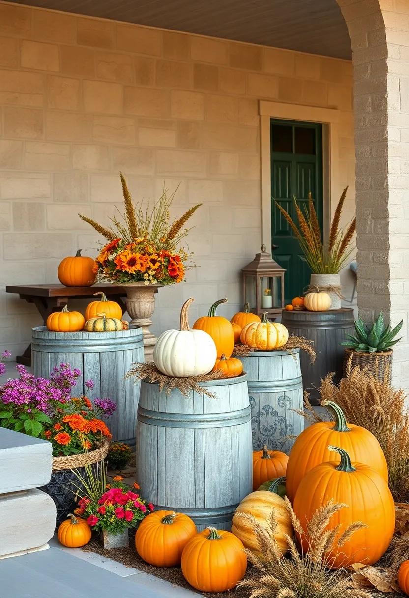 Country Chic Pumpkin Displays on Painted Wooden Barrels Surrounded by Wildflowers and Wheat